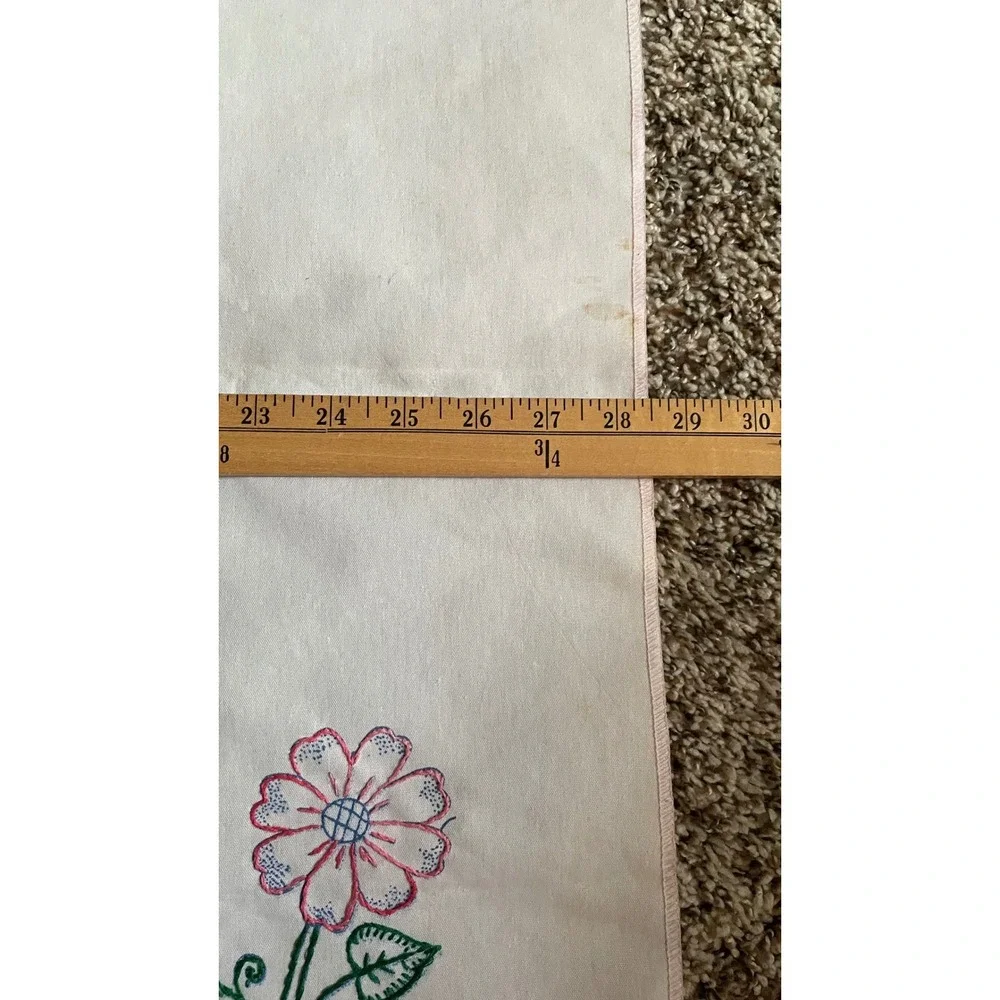 Vintage‎ Square Hand Embroidered White Cotton tablecloth Floral Basket Stains